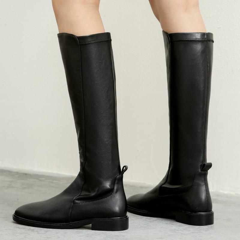 

Women Genuine Leather Flat Heels Knee High Boots Round Toe Zipper Winter New Long Boots Female Casual Black Brown Woman