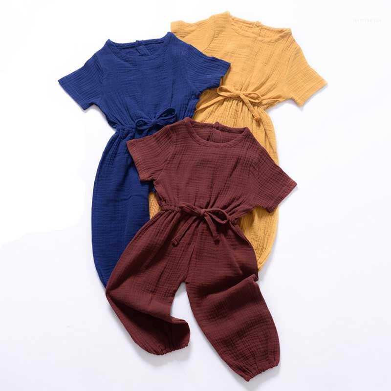 

New Summer Kids Girls Clothing Sets Linen Cotton Sleeveless Solid Color Girls Jumpsuit Clothes Sets Outfits Children Suits1, H1099-navy