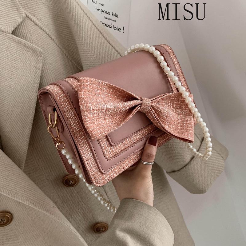 

2021 New Female Small Pearl Bag Cute Korean Style Women Cross Body Bag Large Capacity Tote Girl's Pink Bowknot Messenger, Black