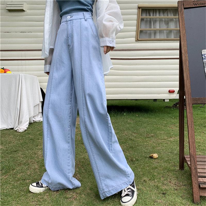 

2020 Autumn High Waist Hong Kong Style Vintage Wide Leg Pants Party Denim Slim Sexy Loose Plus Size Casual Full Trousers, Photo color