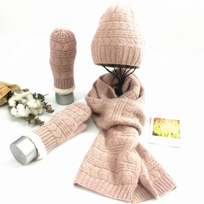 

autumn and winter fashion knitted wool three-piece suit pure color warmth woolen hat and scarf with glove