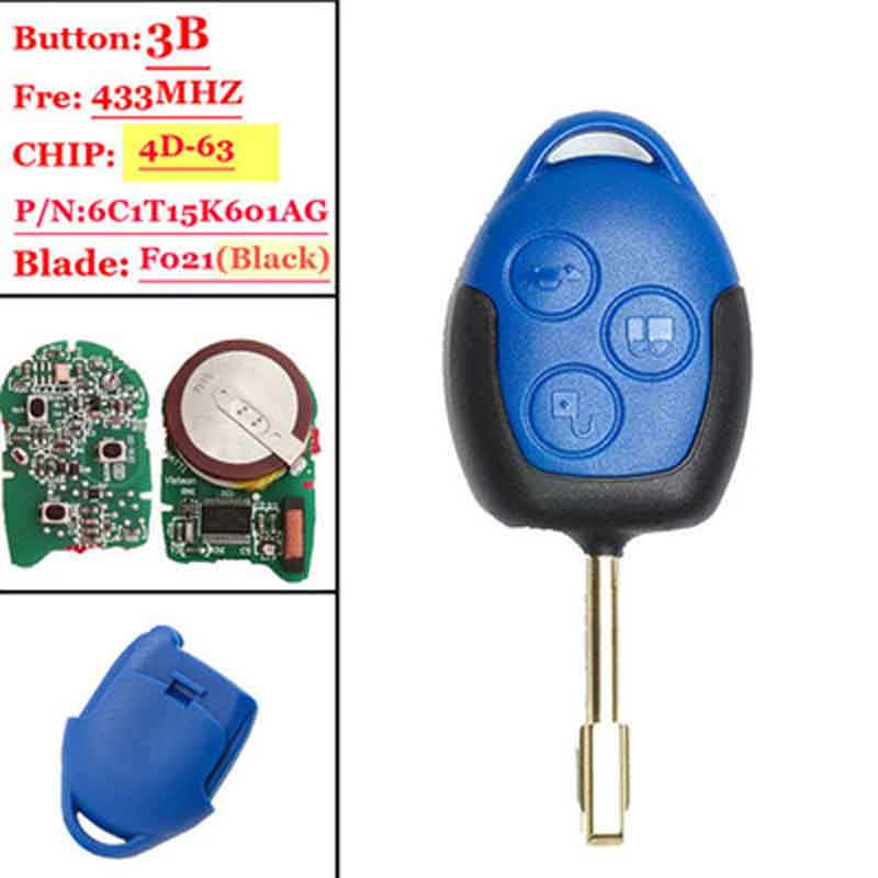

433MHz 4D63 Chip P/N:6C1T15K601AG 3 Button Remote Car Key Fob for Ford Transit WM VM No/With Blue / Black Blade FO21