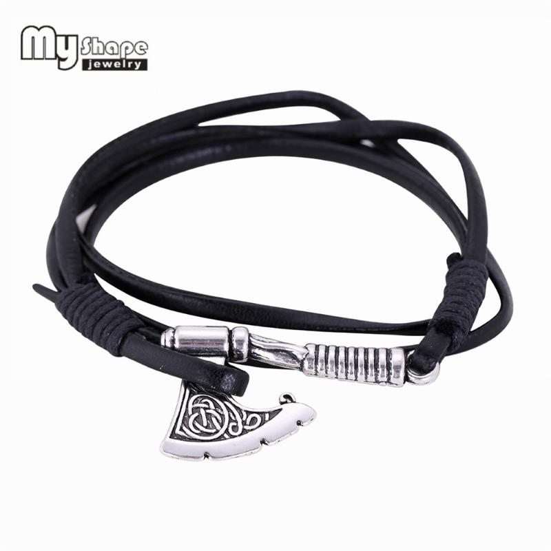 

My Shape Irish Knot Braided Genuine Leather Viking Bracelet Scandinavian Odin 's Symbol Axe Pent Fahsion Jewelry