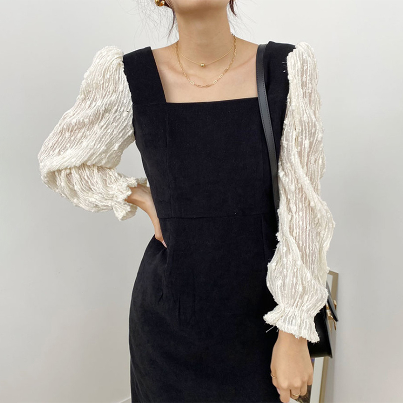 

2021 New Elegant Solid Women's Dress Square Turtlenecks Puff Sleeves High-waisted Velvet the Middle Line of Calf's Gowns Spring IQ65, Black