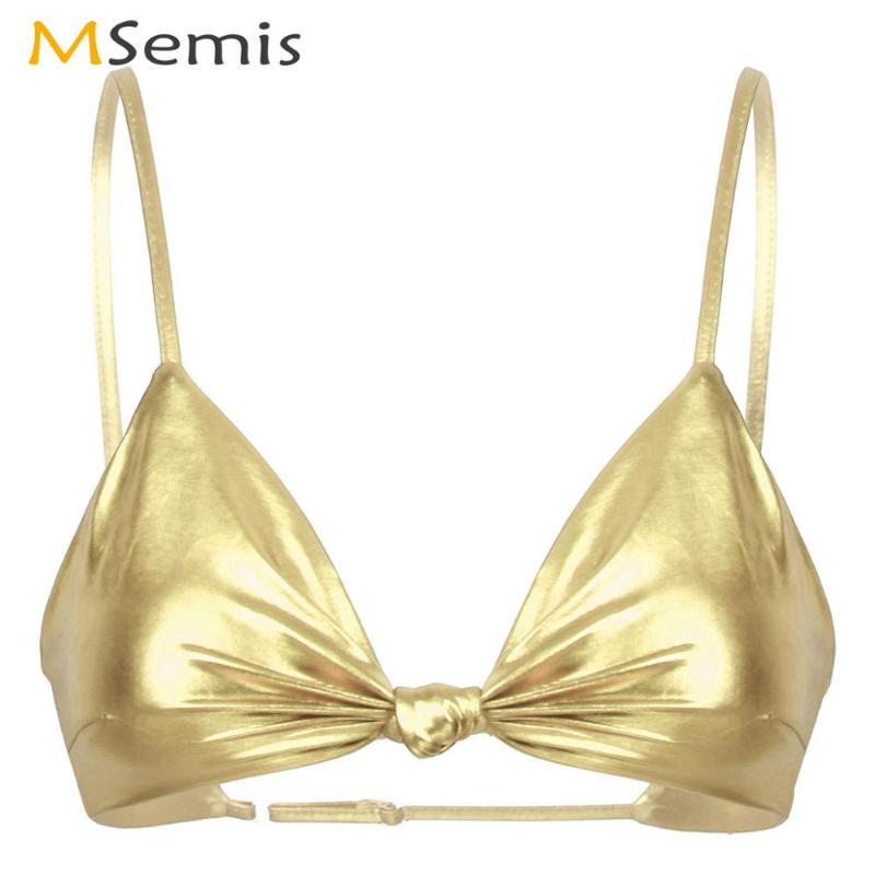 

Womens Shiny Metallic Bikini Bra Top Ladies Lingerie Sexy Deep V Front Knot Bralette Adjustable Spaghetti Straps Non-padded Bras, Black