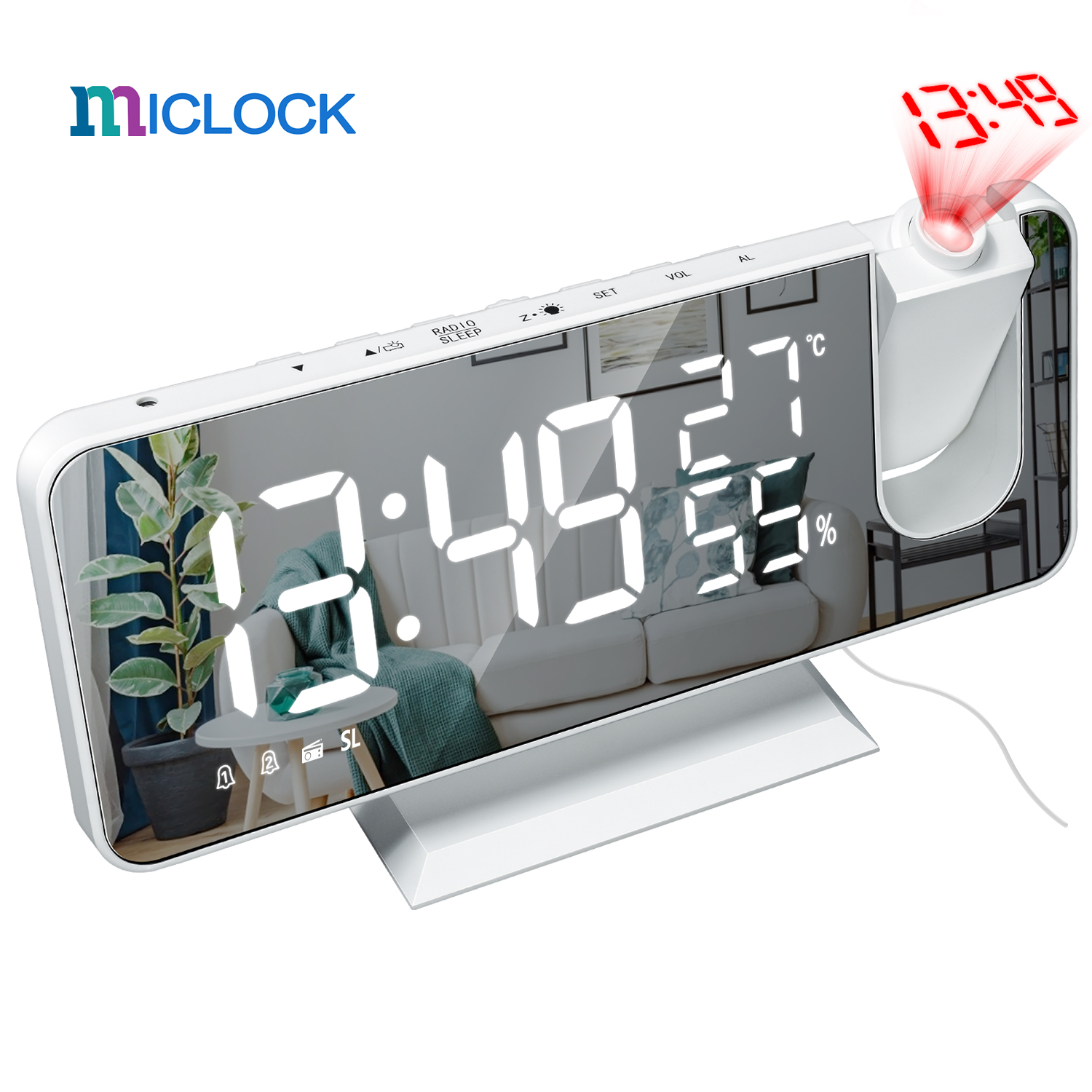 

MICLOCK 3D Projection Alarm Clock Radio Digital Clock with USB Charger 18CM Large Mirror LED Display Alarm Clock Auto Dimmer