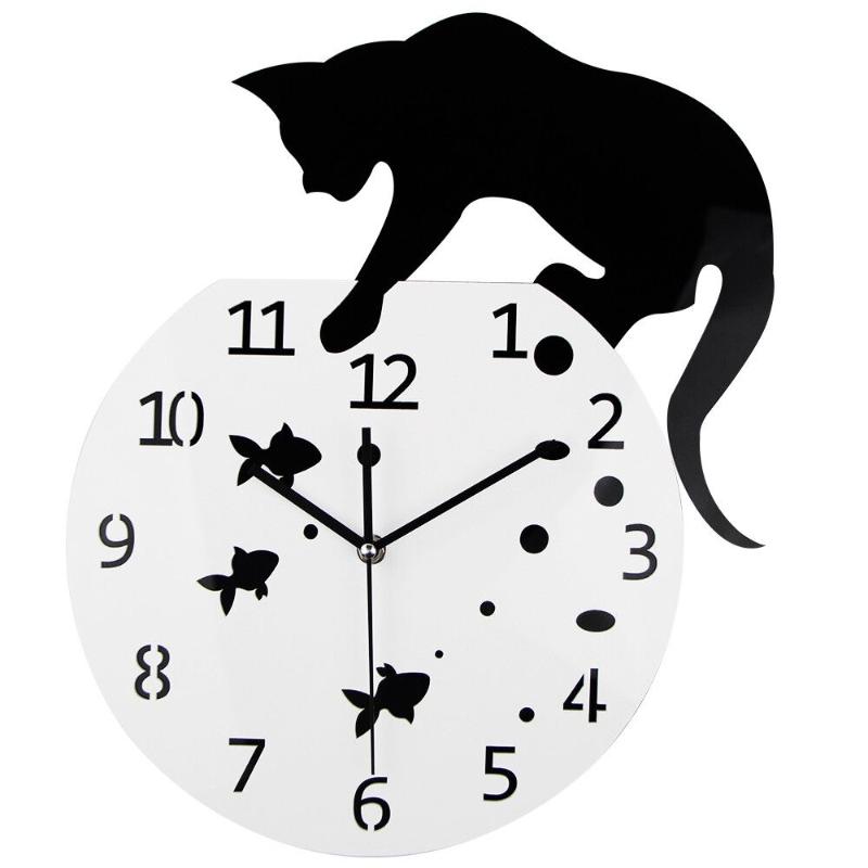 

Wall Clocks 3D Home Decor Acrylic Wall Clock Cat and Fish Design Big Watch Quartz Cat Clock Living Room Decorative Clocks