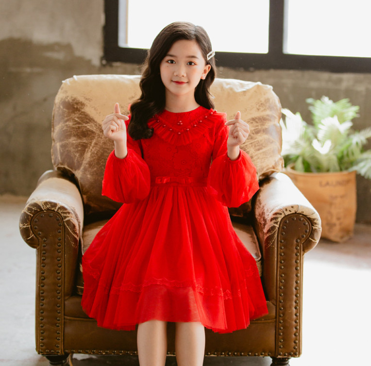 

Sweet Girls Christmas Party Dress children Puff sleeve lace gauze dresses kids beaded lace falbala thicken princess clothing A5033, Red