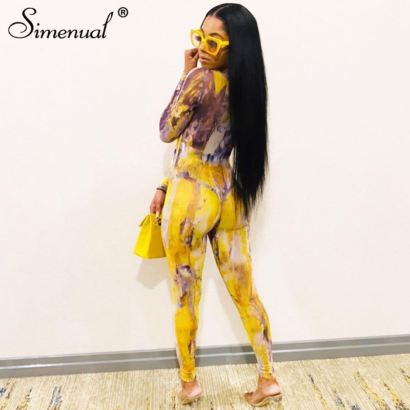 

Tie Dye Mesh Bodysuit And Pants Two Piece Women Sets Long Sleeve Sexy Hot Club Partywear Bodycon Co-ord Birthday Outfit, As picture