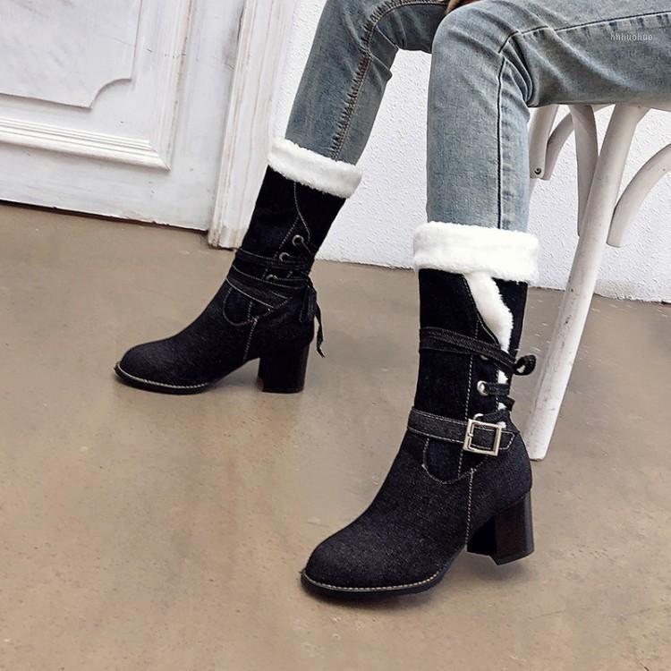 

European and American personalized denim boots round toe thick heel medium high boots women's 41-42-48 large1, Black