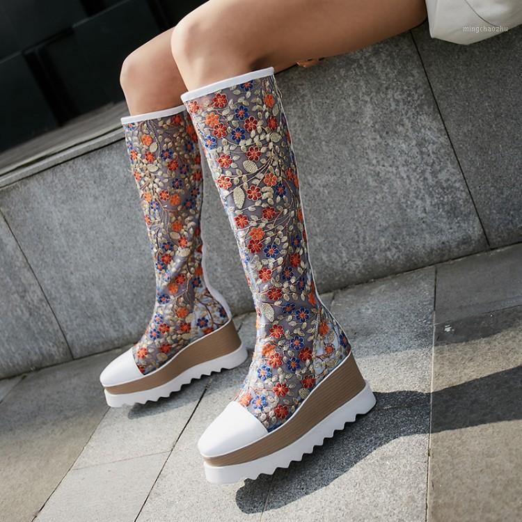 

female summer boots Wedge Chunky high heels platform mesh shoes 2020 new fashion women Knee High boots Big size 33-421, Multi