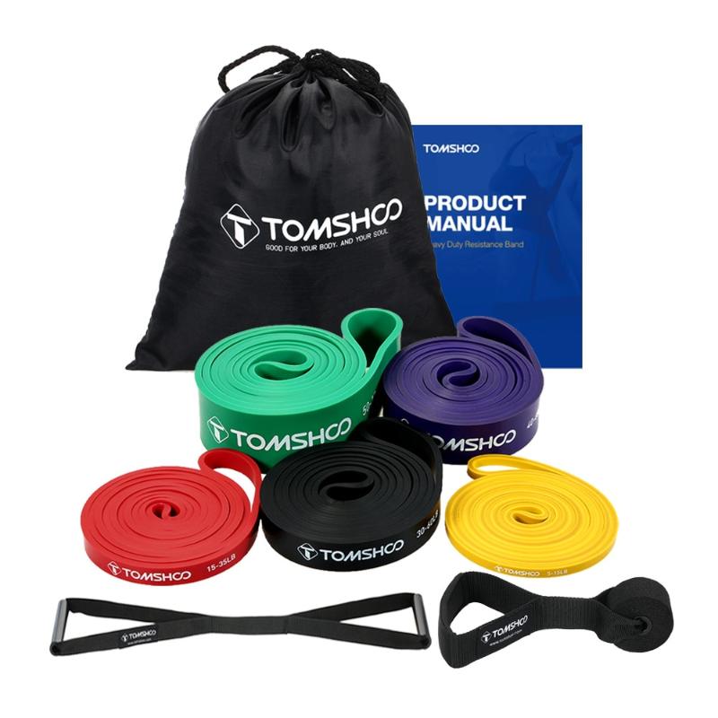 

TOMSHOO 5 Packs Pull Up Assist Bands Set Resistance Loop Bands Powerlifting Exercise Stretch with Door Anchor and Handles