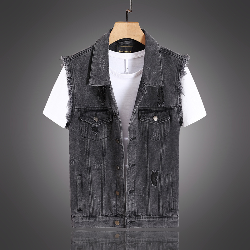 

2021 New Style Fashion Black Gray Slim Fit Hip Hop Ripped Denim Vest Men Streetwear Sleeveless Biker Chaqueta Gifi
