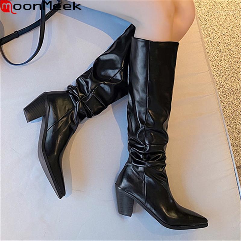 

MoonMeek 2020 Genuine leather boots thick high heels pointed toe winter ladies shoes fashion pleated knee high boots1, Black