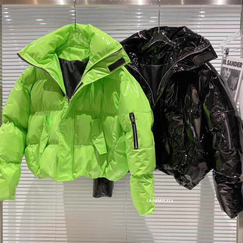 

2020 New Fluorescent green/black Streetwear Short winter jacket women coat zipper glossy stand-up collar down cotton puffer coat