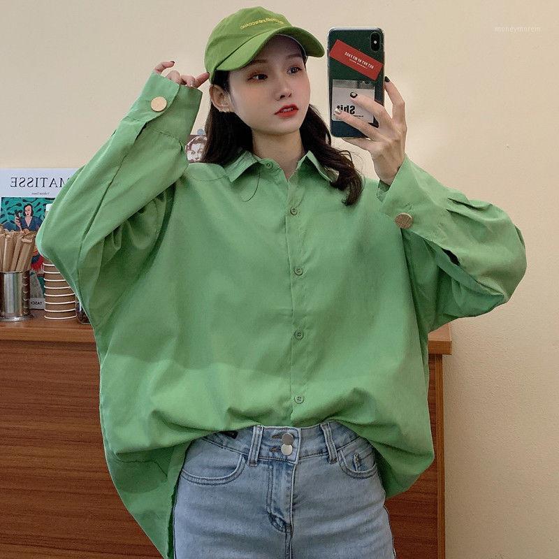 

Women 2021 Spring Autumn Casual Loose Blouse Shirts Female Fashion Solid Lapel Long Sleeve Buttons Tops Oversized Blusas S3371, Green