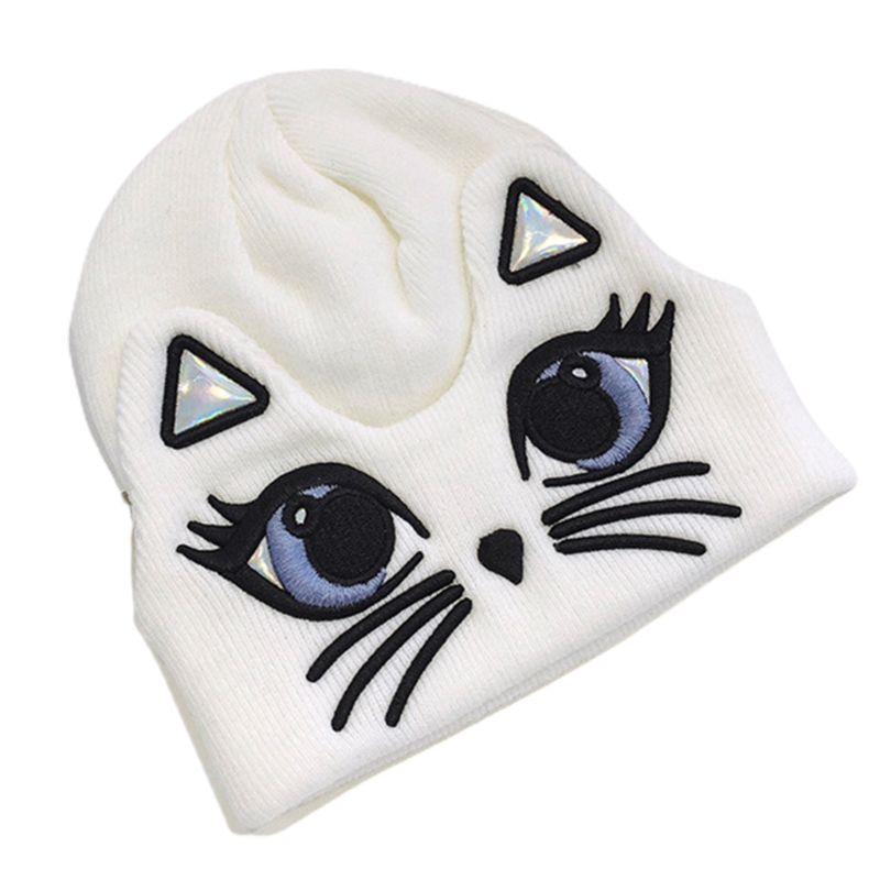 

Women Winter Warm Knit Cuffed Beanie Hat Big Eyes Cat Embroidery Snow Skull Cap D0LF