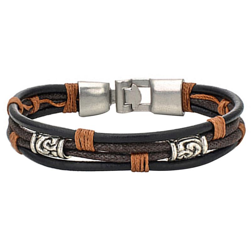 

Men's Ladies Bracelet, Tribal Braided Bangle, Leather Rope Alloy, Brown Black Silver