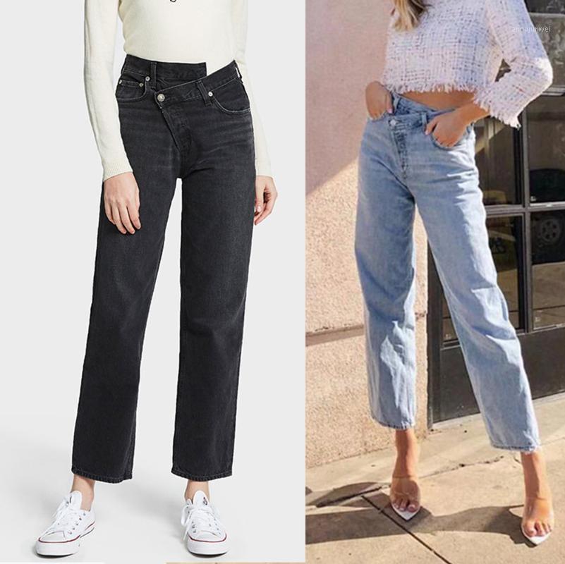 

Women's Jeans Irregular Waist Women Casual Wild Fashion Straight Loose Lady Demin Pants, Dark gray