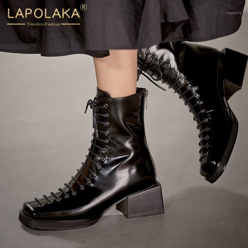 

Lapolaka 2020 New Design Rubber Sole Square Heels Ankle Boots Woman Shoes Zip up Top Quality Luxury INS Shoes Ladies Boots Basic1, Black