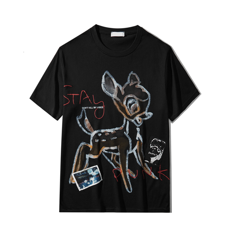

2021 New Fashionable Youth' Versatile Plum Deer Printed Men' Punk Oil Painting Large Cotton Short Sleeve T-shirt Couple D0g1, Black
