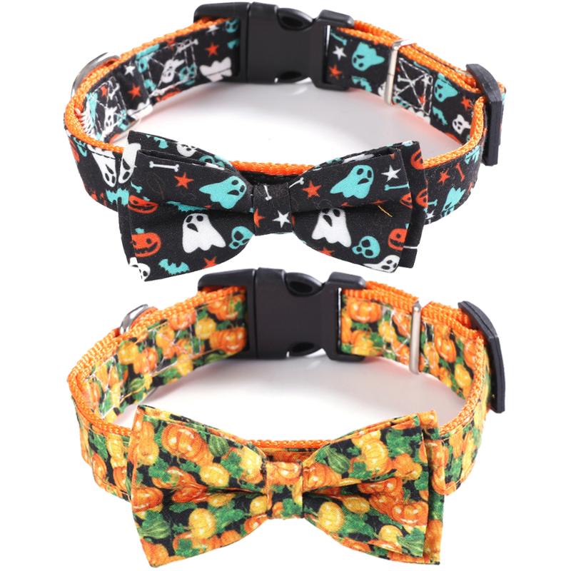 

2 Pack Halloween Dog Collar With Pumpkin Ghost Patterns Adjustable Detachable Bow Tie Collars for Small Medium and Large Dogs