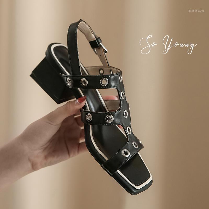 

2020 Women's Shoes Genuine Leather Women's Sandals Rivet Square Heels Summer Sandals Gladiator Rivet Shoes1, Black