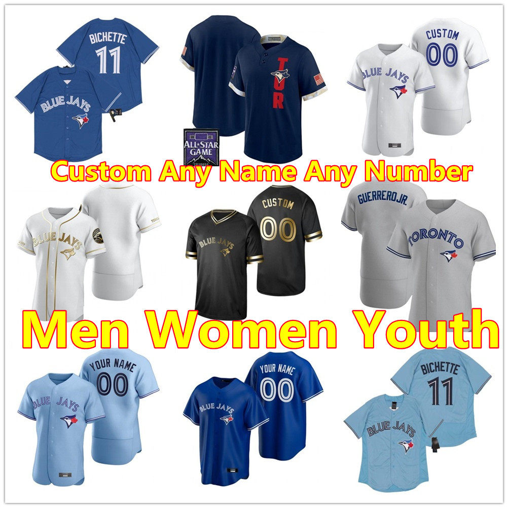 

2021 Custom Men Women Youth 11 Toronto Jersey Blue Jays Vladimir Guerrero Jr. Cavan Biggio Hyun-Jin Ryu Billy McKinney Ryan Borucki Drury Hernandez George Springer, As shown in illustration