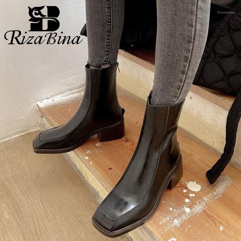 

RIZABINA New Women Ankle Boots Leather Square Heel Warm Winter Shoes Women Fashion Cool Outdoor Short Boots Woman Size 33-401, Black