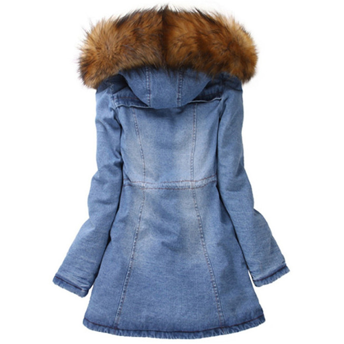 

Fleece Hooded Denim Coats Womens Designer Long Sleeve Thick Winter Warm Jackets Solid Color Retro Slim Women Outerwear Clothing, Blue