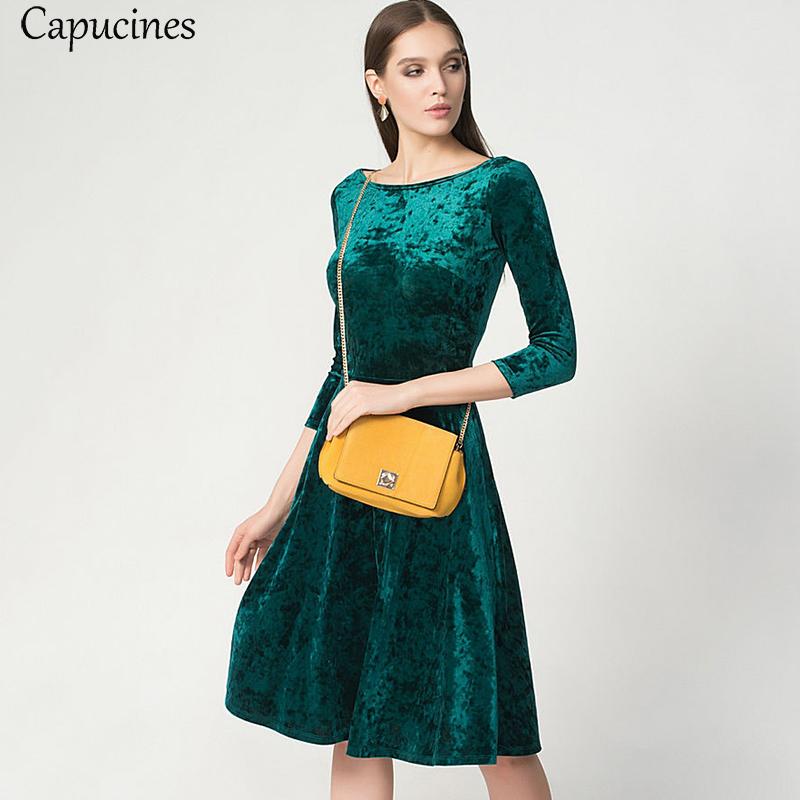

Vintage 3/4 Sleeves Velvet Dress Women Autumn Winter Round Collar Casual Dress Fashion A Line Party Dresses Female Vestidos, Wine red