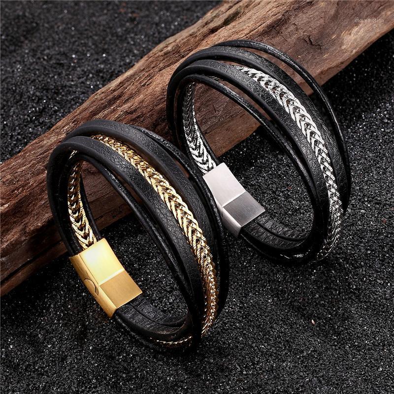 

Fashion Stainless Steel Cuban Link Chain Gold Men Bracelet Multilayer Genuine Leather Punk Magnetic Bangles Jewelry Accessories1