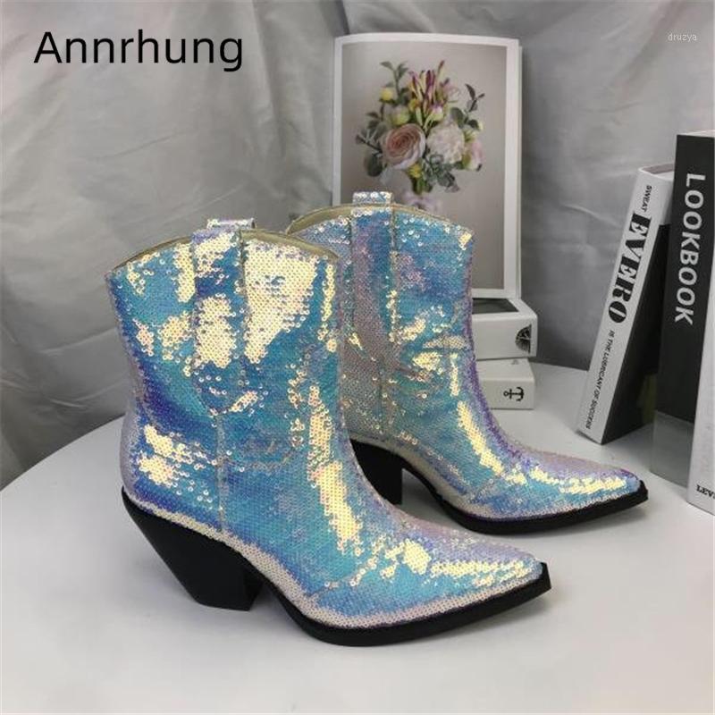 

Shining Sequined Cloth Ankle Boots Women Pointed Toe Square Heel Slip-on Autumn Winter Sequins Short Booties Woman1, Black
