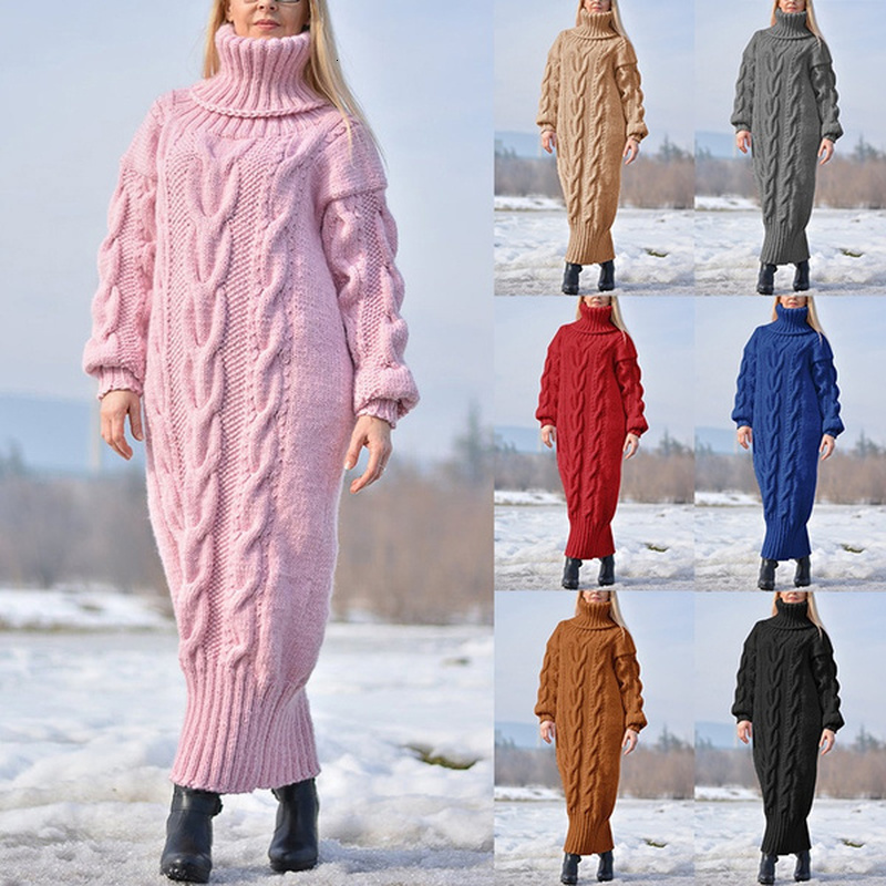 

2021 New Long-sleeve Nightgown High-sleeve Neck Knitted or Crocheted Gown Dressed Soft, Solid-colored Sweater Oversize XR6I, Red