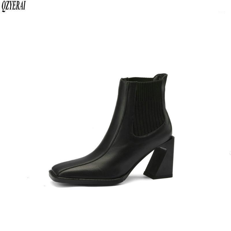 

QZYERAI Ankle boots Genuine leather Female boots Women's Autumn winter Head layer cowhide Women's shoes Size 34-401, Black