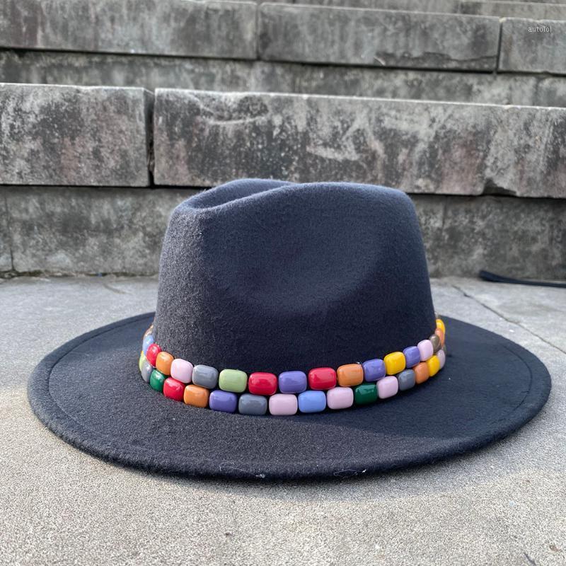 

2020 2Size Wool Women Black Fedora Hat Acrylic Gems Wide Brim Jazz Cap Panama Sun Top Hat1