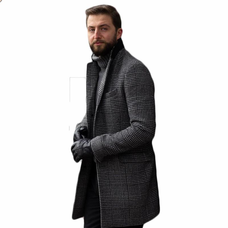 

Winter Plaid Gray Woolen Overcoat Warm Men' Singal Breasted Thick Loose Mid-Length Casual Trench Coat Male Jacket, Picture color