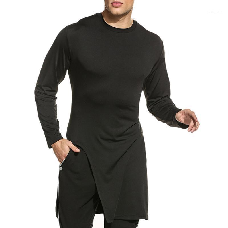 

Men's Full Sleeve T Shirt Soft Elasticity Long Hem Pullover T-Shirt Side High Slit Longline Hips Tops Male Hip Street wear1, Black