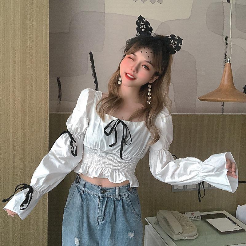 

White Crop Top Sweet Style Korean Clothes Bow Blouse Women Fashion Brand Slim Flare Collar Shirts Square Collar Autumn New, Black