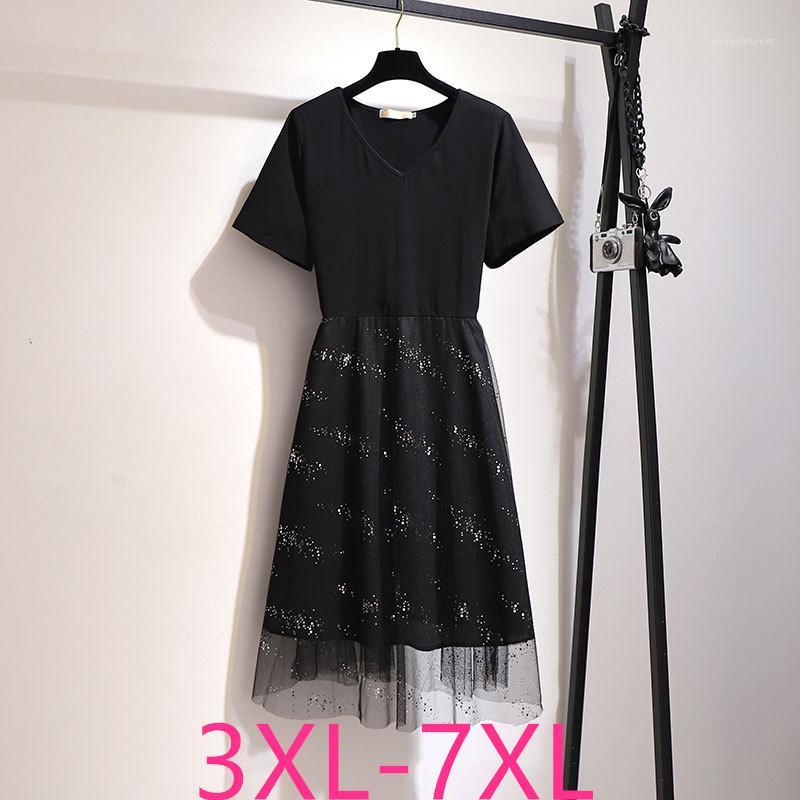 

2019 summer plus size dress for women large short sleeve casual elastic waist gauze V neck pleated dresses black  5XL 6XL 7XL1, As pic