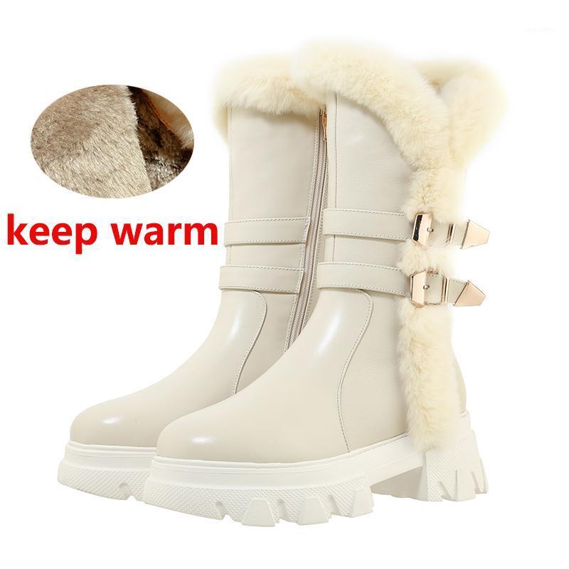 

2021New winter snow boots women's shoes genuine leather fur keep warm female mid-calf boots metal decoration bottes femme1, Black