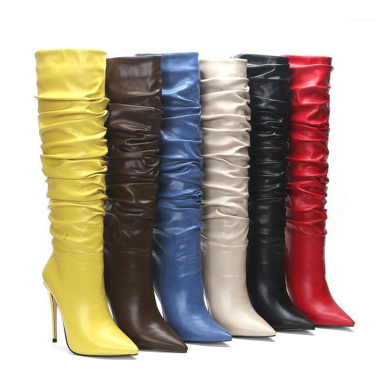 

Band Designer Faux Leather Women Knee High Boots Pointed Toe Boots Women Long Thin High Heel Black Apricot Yellow Blue1