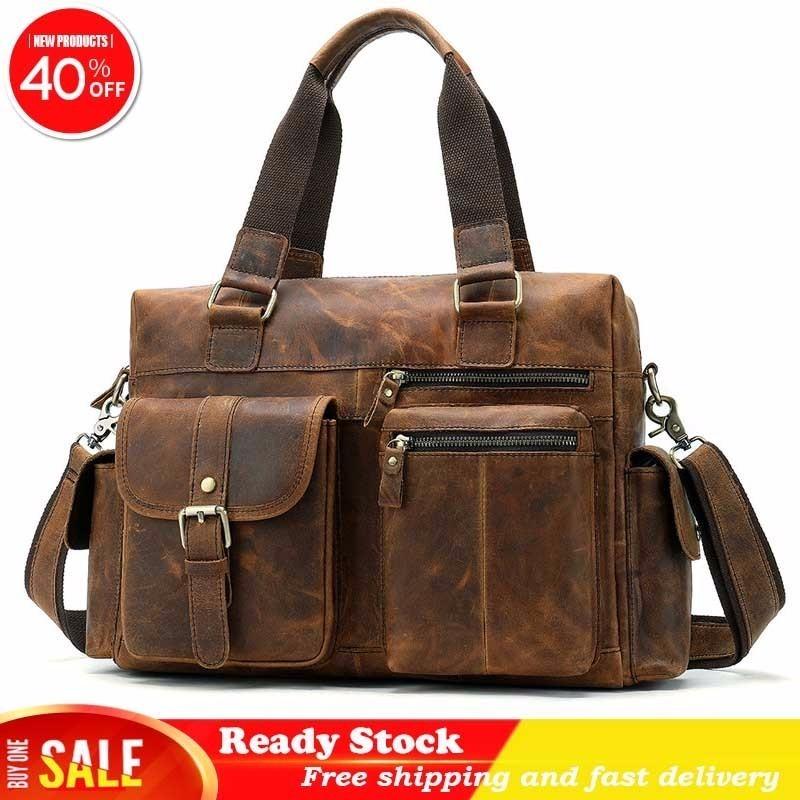 

fashion Genuine Leather Men Briefcase Handbag Messenger Laptop Shoulder Bags For Male Large Capacity Travel Duffle Fast delivery, Brown