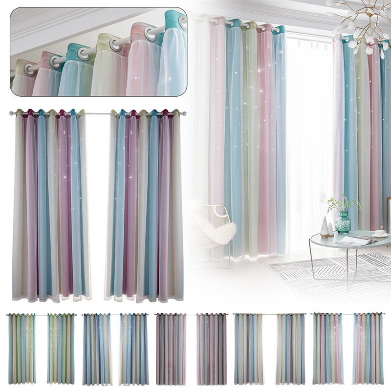 

Gradient Hollow Star Double Layer Full Shading Bedroom Room Simple Insulation Curtain 100*200 Perforated Bedroom Home Decor, 04