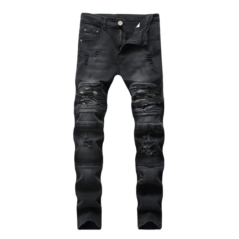 

Classic Male Ripped Feet Slim Stretch Jeans Casual Motorcycle Boys Straight Denim Trousers Distressed Pants with Holes, Black