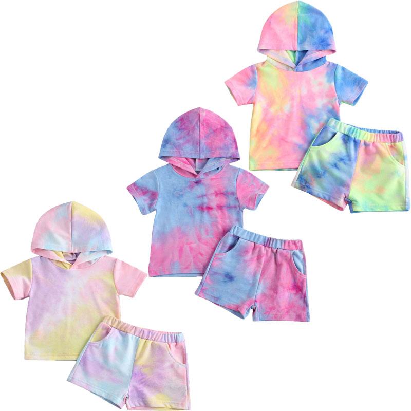 

1-5Y Summer Infant Baby Girls Clothes Sets Tie-Dye Printed Short Sleeve Hooded Tops Shorts 2pcs Clothes Set