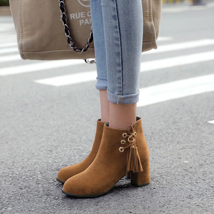 

PXELENA Plus Size 34-43 Women Short Boots 2020 Winter Autumn New Tassel Ankle Boots Square High Heels Lady Shoes Fashion Zipper, Black