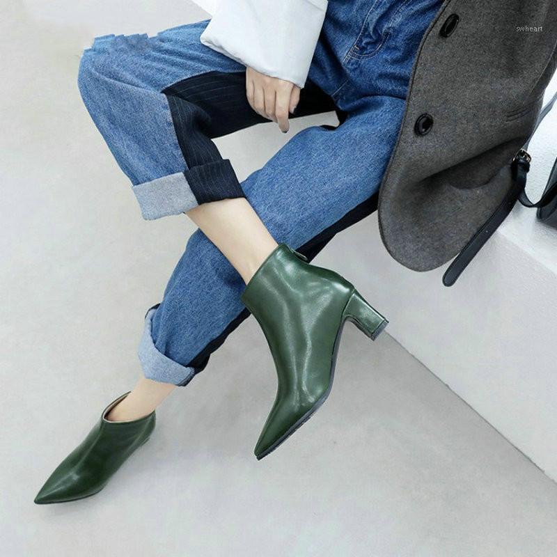 

botines mujer 2020 new winter pointed toe med heels woman pumps stiletto shoes green russian zip ankle boots size 47 481, Beige