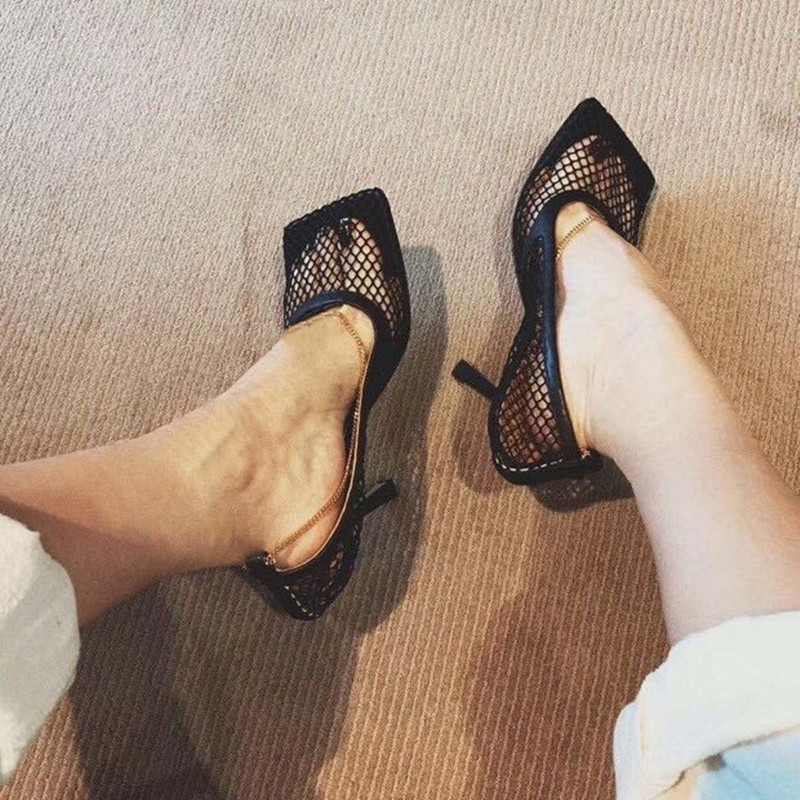 

2020 New summer high heels shoes women's cutout sandals metal decoration european style square head sandale femme, Beige