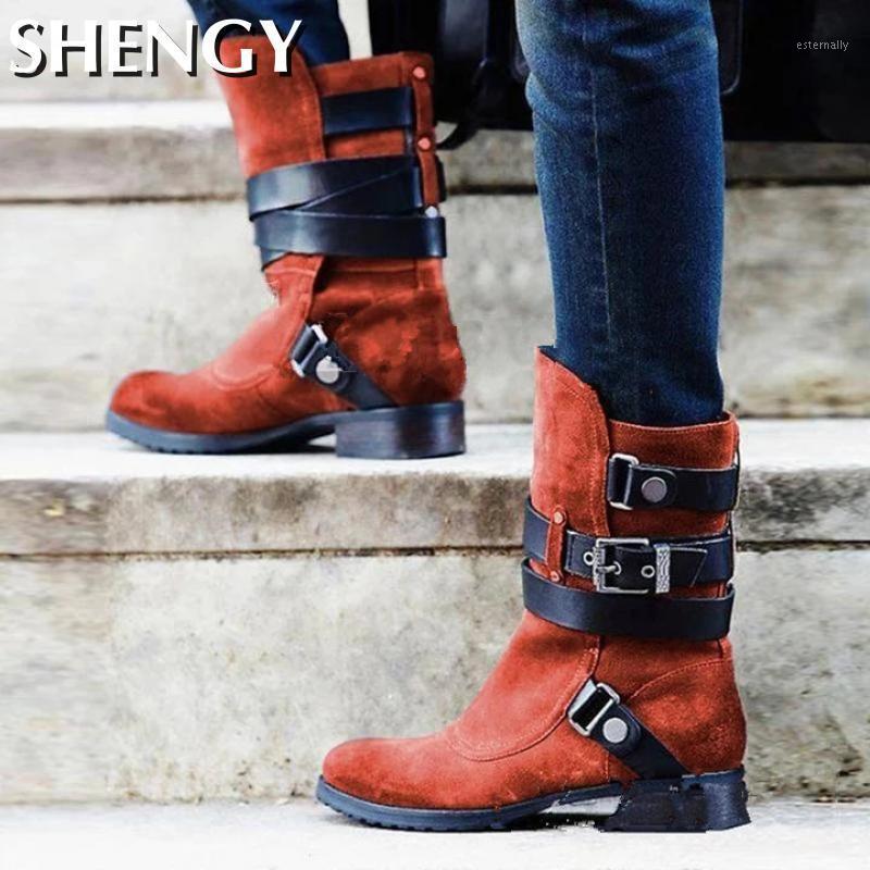 

Women Mid Calf Boots Autumn Platform Buckle Strap Round Toe Males Shoes Flock Fashion Retro Outdoor 2020 New Ladies Shoes1, Grey
